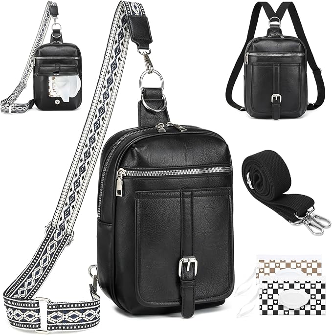 Sling Bag Crossbody Backpack - 2 in 1 Leather Cross Body Bag Fanny Pack with 2 Removable Straps