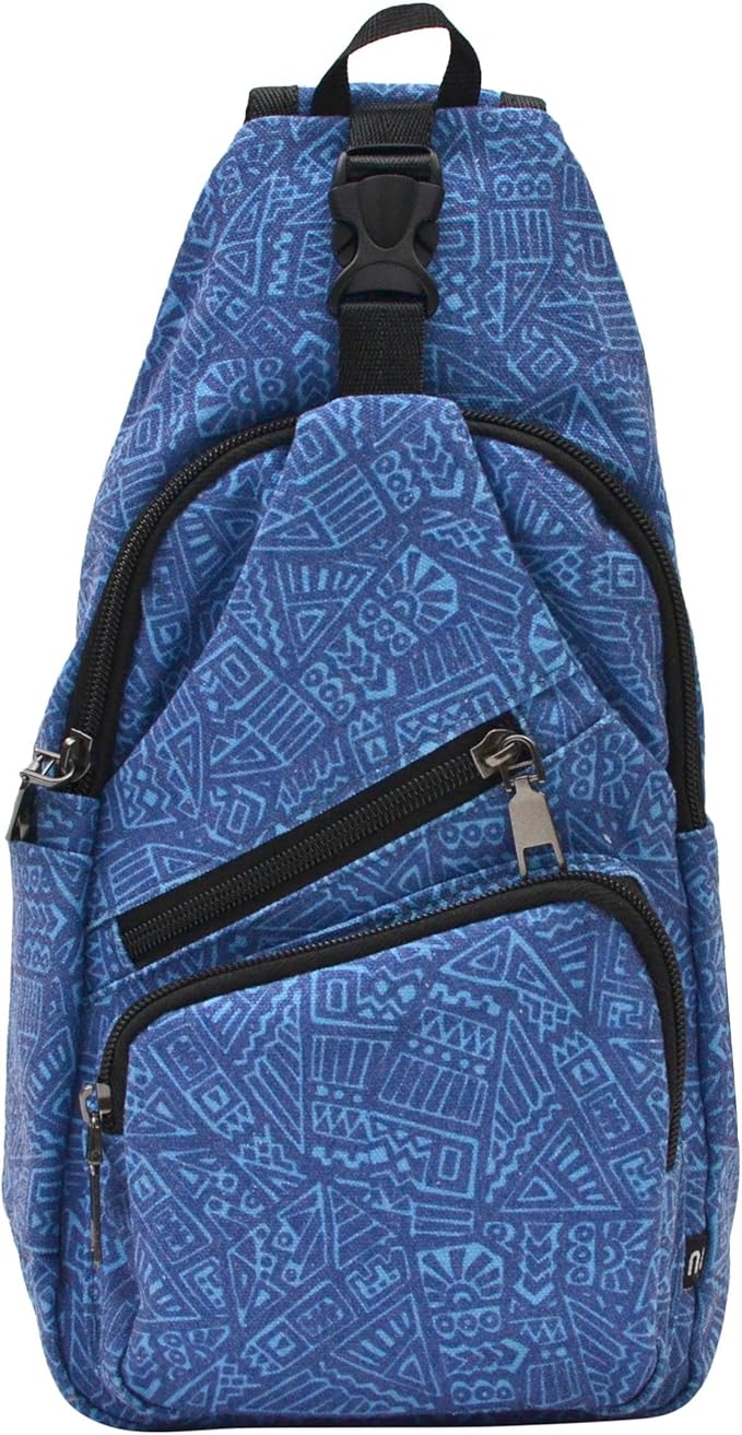 Anti-Theft Daypack Crossbody Sling Backpack, USB Charging, Lightweight Day Pack for Travel, Hiking, Everyday, Large, Blue Aztec