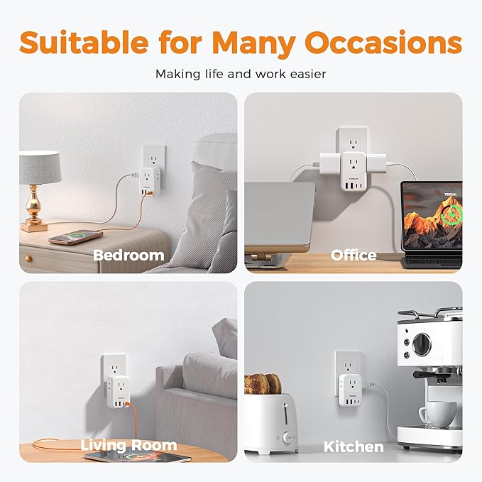 USB C Charger Block 20W PD, TESSAN Foldable Wall Charger with 4 USB Ports and 4 AC Outlet Extender, Multi Charging Station for Cruise, Home, Office, Dorm Room Essentials, White