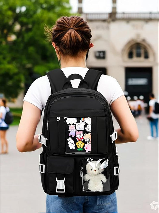 Kawaii Backpack for Teen Girls, Cute Aesthetic High Middle School College Bookbag with Accessories, Black