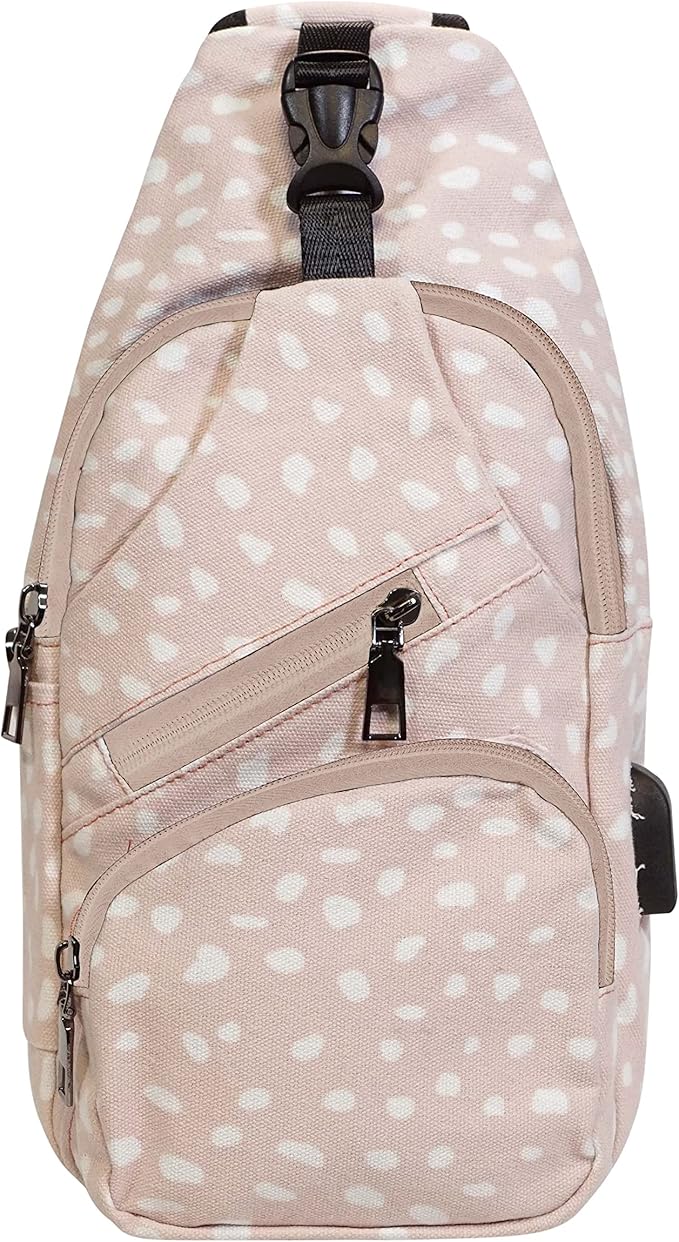 Anti-Theft Daypack Crossbody Sling Backpack, USB Charging Connector Port, Lightweight Day Pack for Travel, Hiking, Everyday, Regular, Vintage Fawn