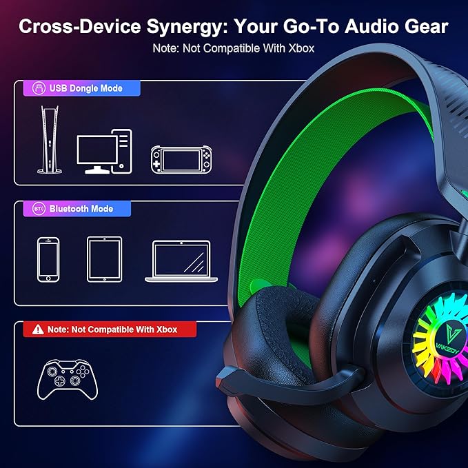 HW10 Wireless Gaming Headset for PS5,PS4,PC,2.4GHz Bluetooth Gaming Headphones with Noise Cancelling Microphone,50Hr Battery Gamer Headset for Switch, Laptop,Mobile,Mac,Cool RGB (Black/Green)