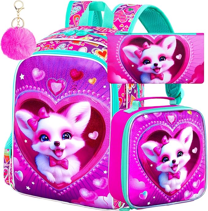 3Pcs Fox Backpack for Girls, 16" Kids Bookbag with Lunch Box, School Backpacks Set for Elementary Preschool Kindergarten(Pink)