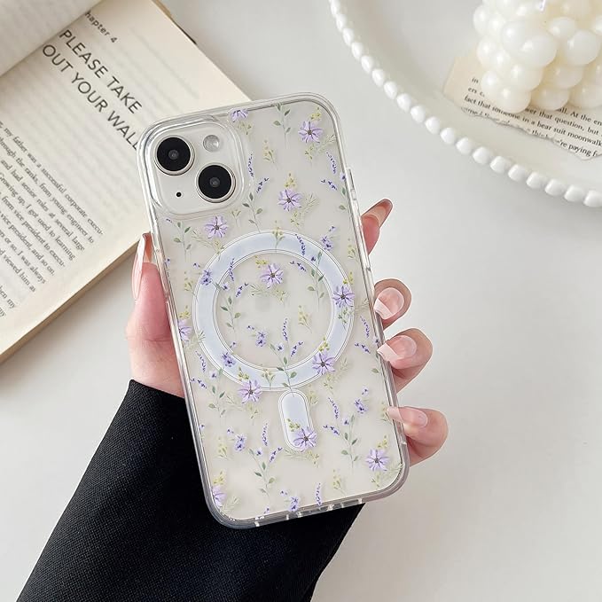 ZTOFERA for iPhone 13/14 Magnetic Case Compatible with Magsafe,Aesthetic Floral Pattern Design Cute for Girl Women,Anti-Drop Protective Hard Phone Cover for iPhone 13/14-Purple Flower