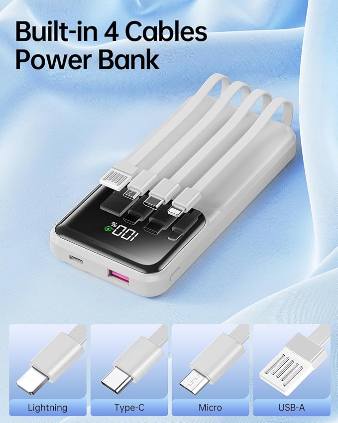 Portable Charger with Built in Cable - USB C LED Display 20000mAh Fast Charging 22.5W Power Bank Slim Battery Pack 5 Outputs & 3 Inputs for Travel Essentials iPhone Samsung Android Phones Tablets