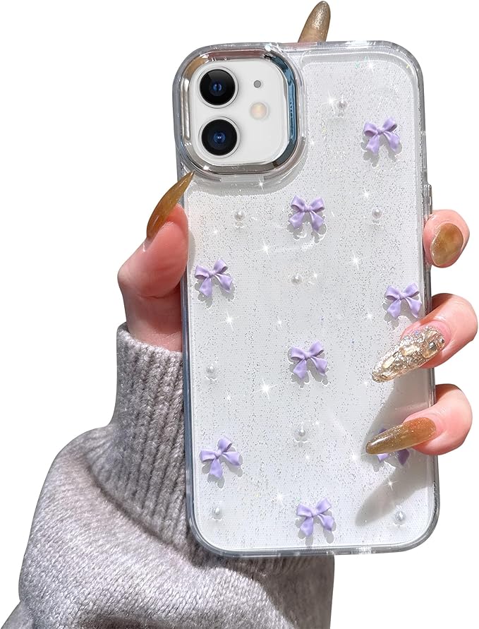 EYZUTAK Case for iPhone 11, Bling Glitter 3D Bowknot Phone Case Cute Sparkly Crystal Clear Bow Aesthetic Design Case Slim Soft Durable TPU Transparent Protective Cover for Women Girl - Purple Bow