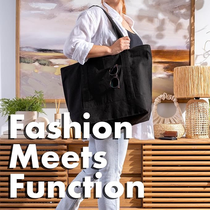 Carrywell |Not Made in China| 6 Pack Cotton Tote Bags, Reusable Grocery Shopping Bag with Zipper Closure and Front Pocket, Heavy Duty Organic Cloth w/Handles