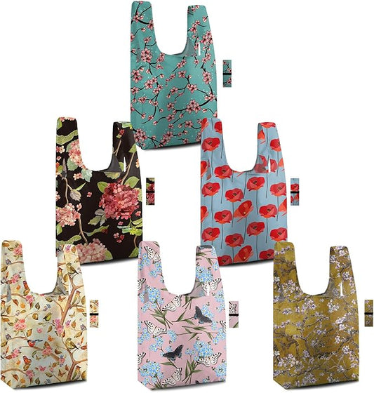 BeeGreen Reusable Grocery Bags 6 Pack - Foldable, Heavy Duty Shopping Tote Bags with Zipper Pouch, Large Capacity (50+ Lbs), Animal Prints Designs for Women & Men, Machine Washable