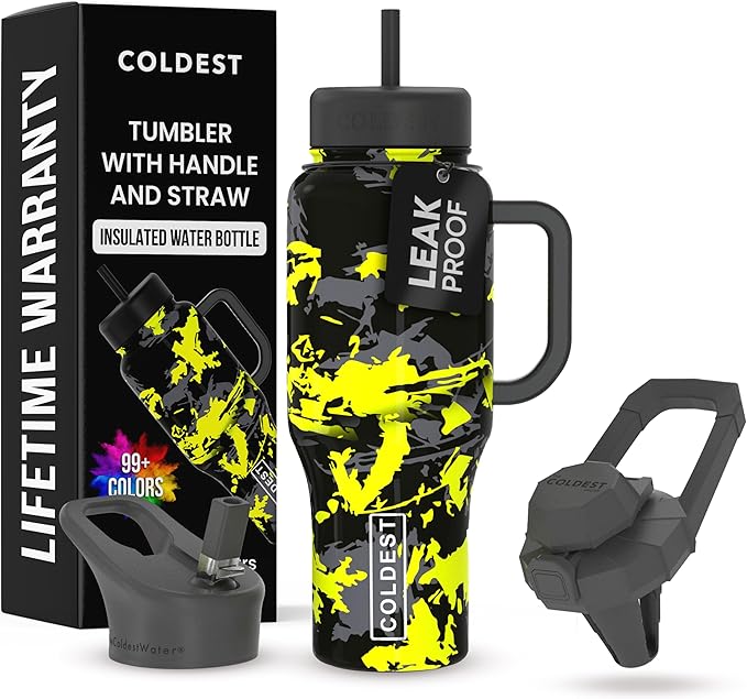 Coldest Tumbler with Handle and Straw - 100% Leak Proof Insulated Tumbler with Lid and Straw (3 Lids) - Stainless Steel Tumblers for Women & Men - Cup Holder Friendly Base, 36 oz (Off Road)