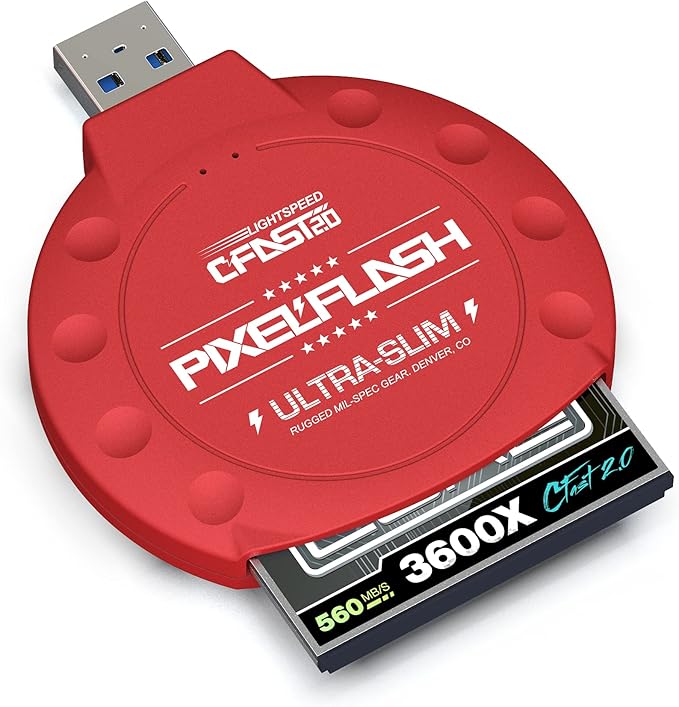PixelFlash CFast 2.0 Card Reader (Red) - Memory Card Adapter with USB 3.0, 500Mb/s File Transfer, Ultra-Slim & Anti-Slip Rubber Shell, Compatible with Most Brands & OS