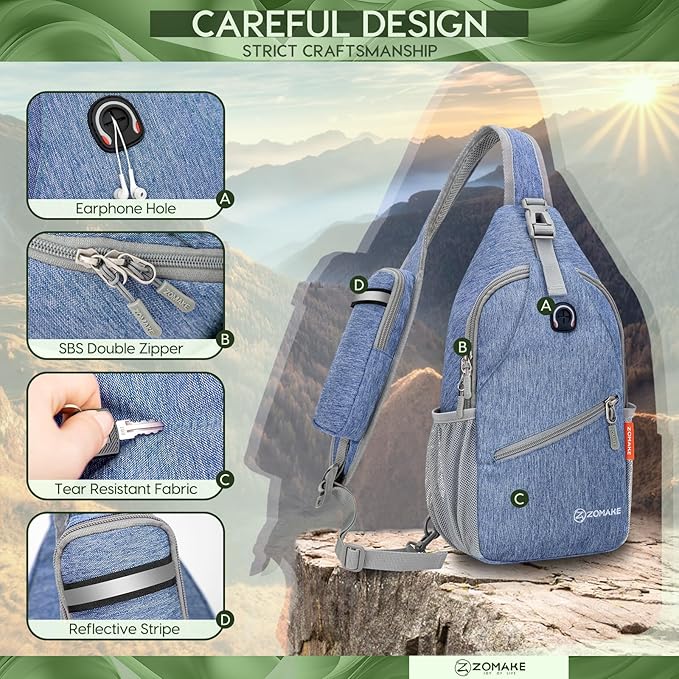ZOMAKE Sling Bag,Small Crossbody Sling Backpack,Water Resistant Shoulder Daypack for Travel,Anti Thief Chest Bag for Hiking(Light Blue)