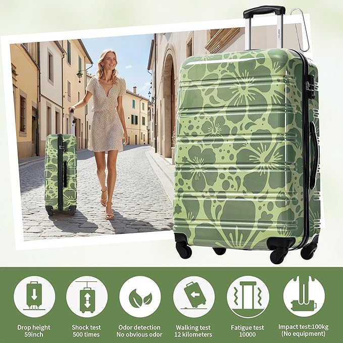 Merax Luggage Sets 3 Piece, Hardside Suitcase Set with Spinner Wheels, Lightweight Printing Luggage Carry on,20+24+28 IN,Green