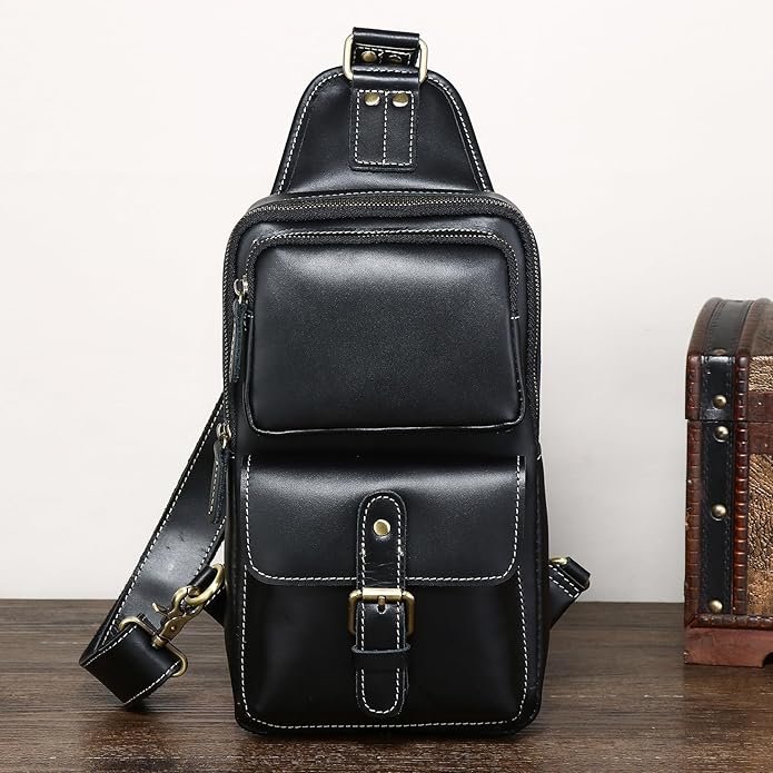 Genuine Leather Sling Bag for Men Women Backpack Chest Shoulder Satchel Crossbody Bags Casual Outdoor Daypack