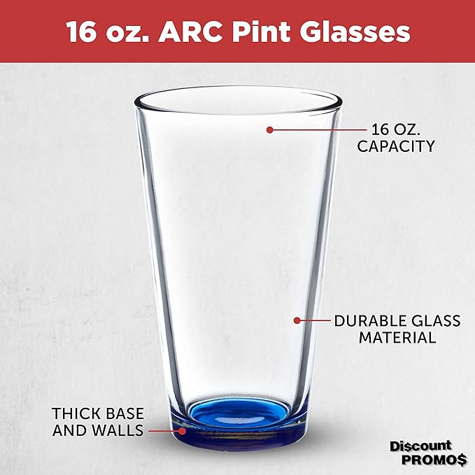 DISCOUNT PROMOS Arc Pint Glass 16 oz. Set of 10, Bulk Pack - Beer Glasses, Heavy Duty Drinkware - Blue
