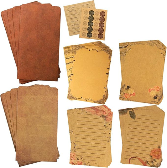 Vintage Stationary Paper + Kraft Envelopes Set with Seal Stickers (64pcs 4 Patterns 8.3 x 5.7 Writing Stationery Papers, 20pcs 2 Colors 7.9 x 4.7 Letter Envelope, 36pcs 2 Styles Rustic Seals)