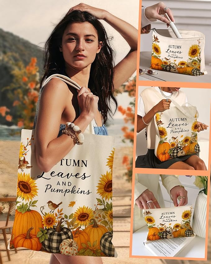 2 Pack Canvas Tote Bag - with Makeup Pouch Aesthetic Cute Women Reusable Canvas Bag for Shopping, Work, Travel