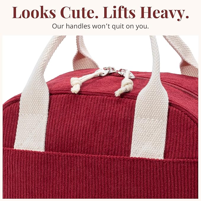 Insulated Lunch Bag for Women Men, Stylish Corduroy Tote Bag with Aluminum Lining, Large Capacity Reusable Cooler for Work, Travel, or Beach, Wine Red Lunch Box