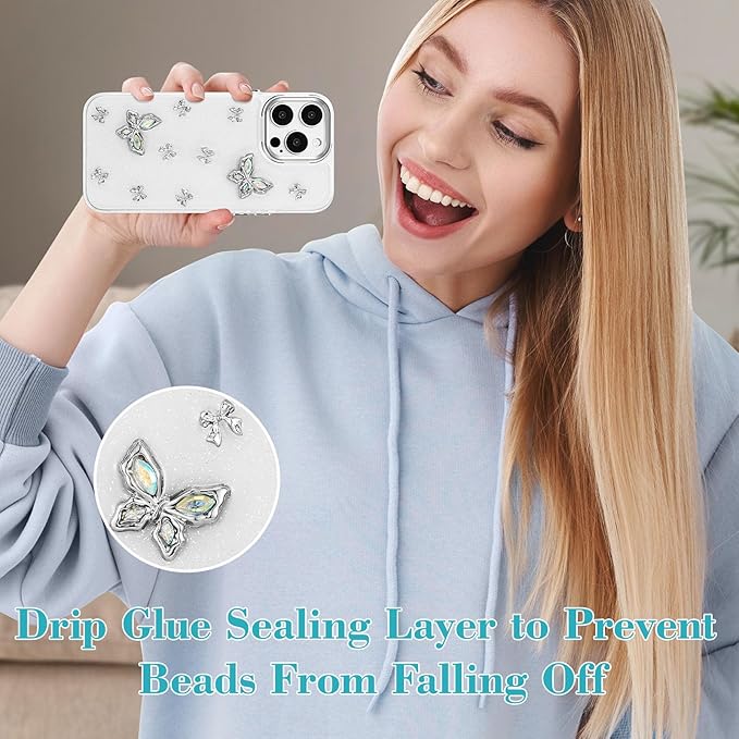 EYZUTAK Case for iPhone 13 Pro Max, Bling Glitter 3D Butterflies Bowknot Phone Case Cute Crystal Clear Bow Aesthetic Case Slim Soft Durable TPU Transparent Protective Cover for Women Girls - Butterfly