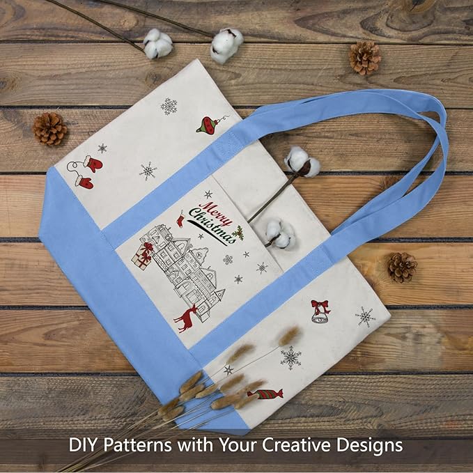 TOPDesign 6-Pack Canvas Tote Bags with an External Pocket, Reusable Grocery Shopping Bags, Top Zipper Closure, Daily Essentials (Light Blue/Natural)