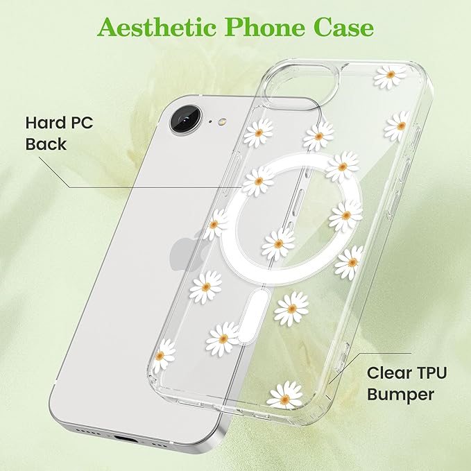 ZTOFERA for iPhone 16e Magnetic Case Compatible with Magsafe, Aesthetic Floral Pattern Design Cute for Girl Women,Anti-Drop Protective Hard Phone Cover for iPhone 16e-Daisy