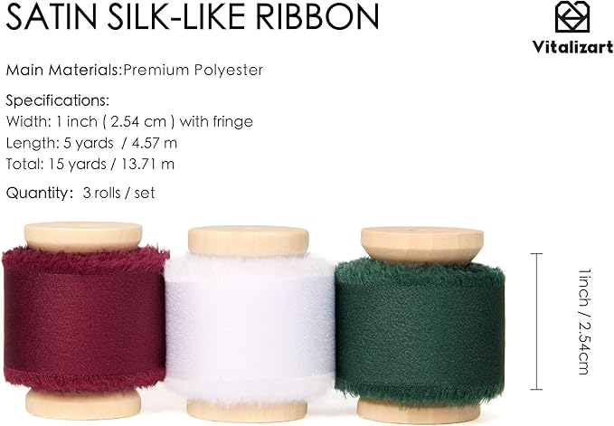 Vitalizart Silk Satin Ribbon 1 inch x 15 Yard Christmas Handmade Frayed Ribbons for Gift Wrapping Baby Shower Wedding Bridal Bouquets Holiday Decor Green Red White