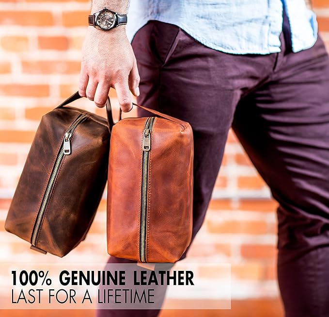 Mens Waterproof Toiletry Bag – Crafted in USA – Ideal Gift for Husband, Dad, Groomsmen, Boyfriend & Friend – Genuine Leather Toiletry Bag Customized Name or Initials – Personalized Travel Bag for Men