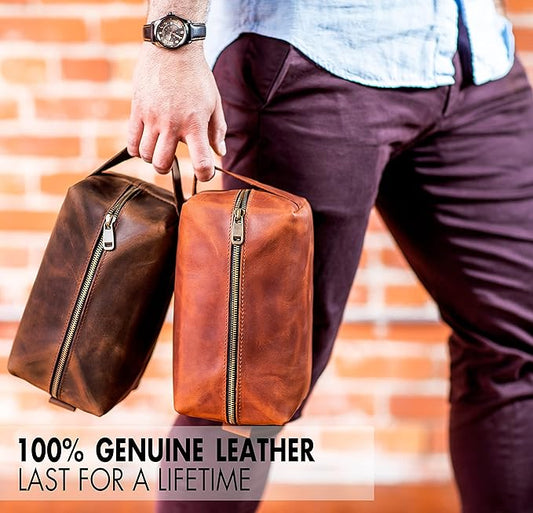 Mens Waterproof Toiletry Bag – Crafted in USA – Ideal Gift for Husband, Dad, Groomsmen, Boyfriend & Friend – Genuine Leather Toiletry Bag Customized Name or Initials – Personalized Travel Bag for Men