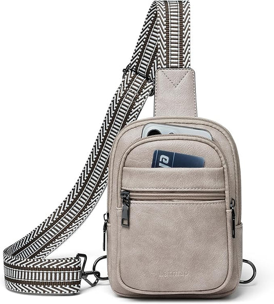 3L SMALL Sling Bag Fanny Packs For Women Men Mini Crossbody Chest Belt Travel Bag Purse Handbag Faux Leather Fashion Cute Light Grey