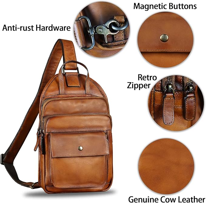 Genuine Leather Sling Bag for Men and Women Vintage Real Leather Fashion Sling Backpack Shoulder Crossbody Chest Purse