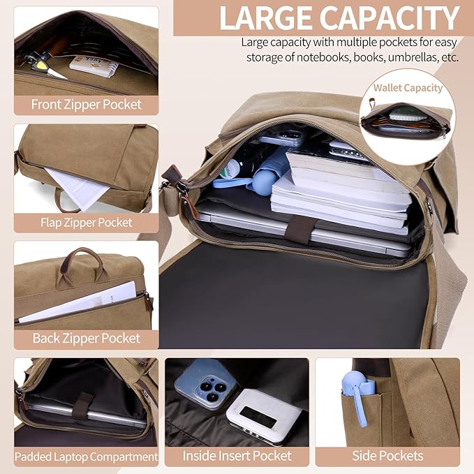 Nerlion Messenger Bag for Men 17-17.3 Inch Laptop Bag Canvas Water-resistant Computer Bag Shoulder Bag Work Briefcase Bookbag for College (Brown)