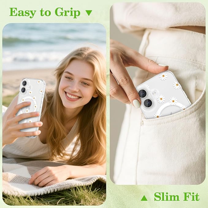 ZTOFERA for iPhone 16 Magnetic Case Compatible with Magsafe,Aesthetic Floral Pattern Design Cute for Girl Women,Anti-Drop Protective Hard Phone Cover for iPhone 16-Daisy