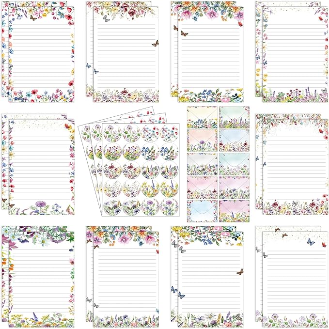 TaoBary 160 Pcs Stationery Paper Set 50 Double Sided Stationery Papers with 50 Matching Envelopes and 60 Round Dot Sticker, 10 Design(Wildflower,5.5 x 8.25 Inch)