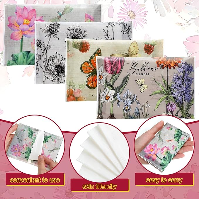 PerKoop 100 Pack Pocket Tissues Travel Slim Packs Small Facial Tissues Wallet Size Toilet Paper for Travel Guest Wedding Supplies, 4 Styles(Retro Floral)