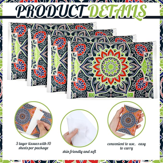 50 Pack Summer Mandala Floral Pocket Tissues Individual Packs Bulk 3 Ply Flower Facial Wallet Tissue Travel Packs for Summer Wedding Birthday Party Supplies
