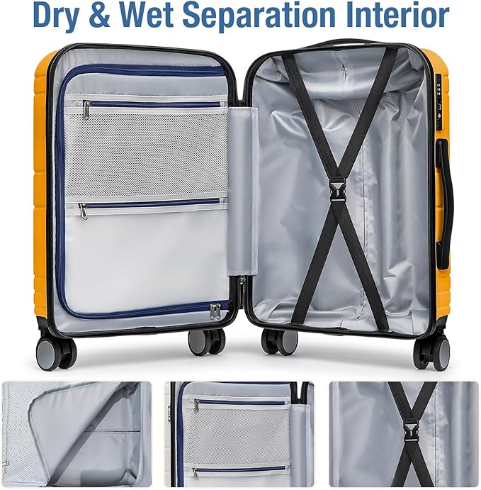 KYME Carry On Luggage 22x14x9 Airline Approved with TSA Lock Hard Shell Carry On Suitcase Lightweight Suitcases with Wheels Small Luggage for Men Women,Carry-On 20 Inch,Yellow