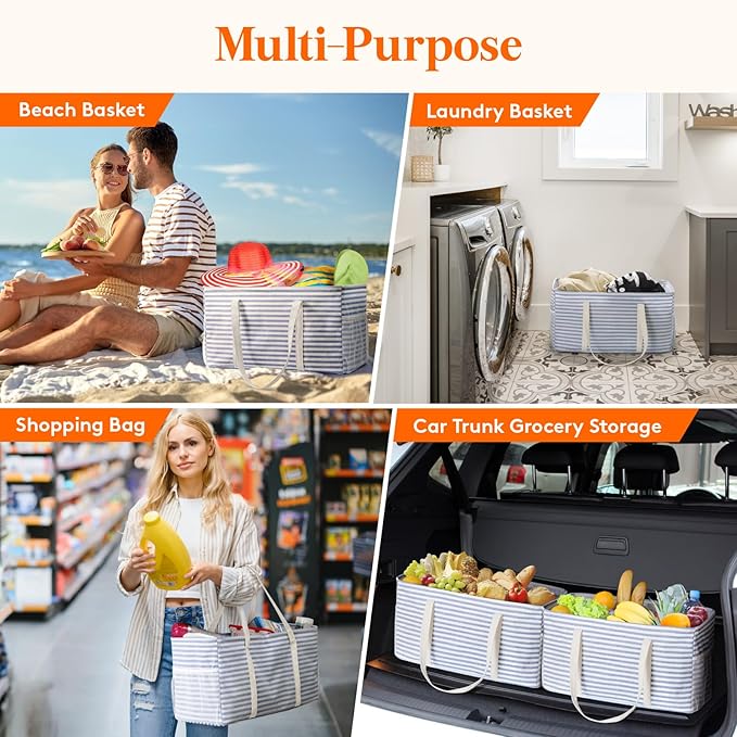 Lifewit Extra Large Tote Bag, Reusable Grocery Bags with Metal Wire Frame and Handles, Standing Utility Foldable Shopping Bags for Storage, Picnics, Beach, Pool, Laundry, Car, Camping, 1 Pack, Blue