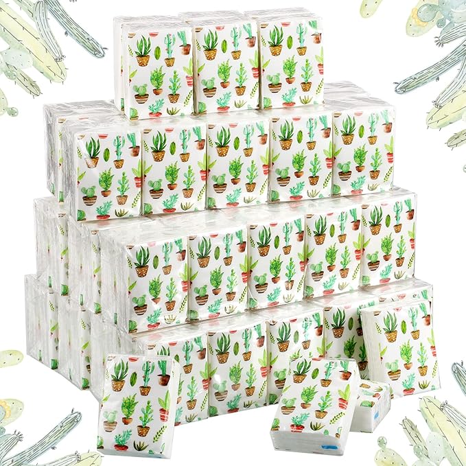 100 Pack Facial Tissue Mini Paper Pocket Tissues Small Size Travel Tissue Packs for Wedding Party Favors Graduation Celebration, 3 Ply, 2.8 x 2.2 In(Cactus)