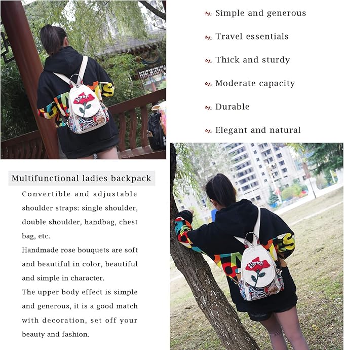 HUANGGUOSHU Women Cotton Woven Bohemian Hemp Boho Canvas Embroidery Multi Pocket Retro Cute Backpack Wallet Backpack（Yutu Moon）