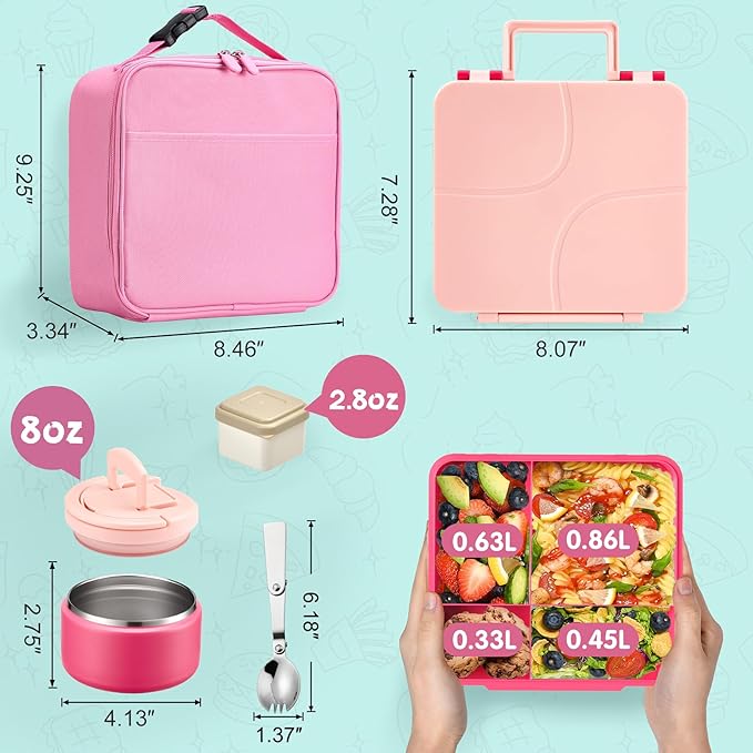MAXSO Bento Lunch Box Set with 8 oz Soup Thermo, Kids Leakproof 4 Compartments Hot Food Container with Sauce Cup, Ice Pack and Lunch Bag, Child Insulated Food Jar for School - Pink