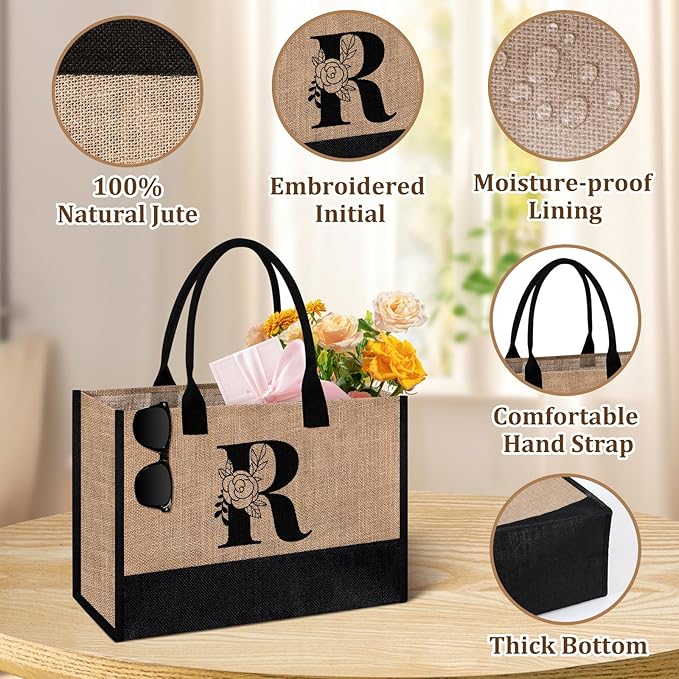 AYGE Personalized Initial Jute Tote Bag & Makeup Bag, Beach Bag, Monogrammed Birthday Gifts for Women Sister Mom Bridesmaid