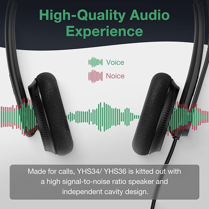 Yealink Phone Headsets for Office Phones YHS34 Lite QD to RJ9 Wired Headset Compatible with Poly Snom Grandstream Phones Desk Landline Headset with Microphone -Dual/111g/2.1m Cable