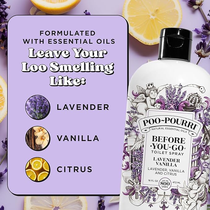 Poo-Pourri Before-You-Go Toilet Spray Refill, Lavender Vanilla,16 Fl Oz, Up to 800 Uses, Bathroom Odor Deodorizer with Essential Oils for Home or Work, Lavender, Vanilla and Citrus Scent