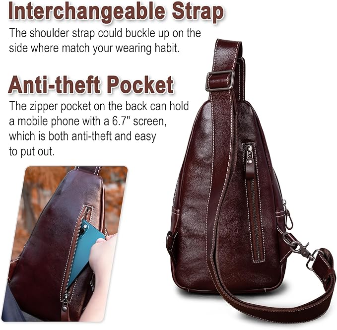Genuine Leather Sling Bag for Men and Women Crossbody Shoulder Bag Sling Backpack Chest Purse Cross Body Pouch