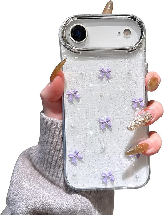 EYZUTAK Case for iPhone Air, Bling Glitter 3D Bowknot Phone Case Cute Sparkly Crystal Clear Bow Aesthetic Design Cover Slim Soft Durable TPU Transparent Protective Cover for Women Girl - Purple Bow