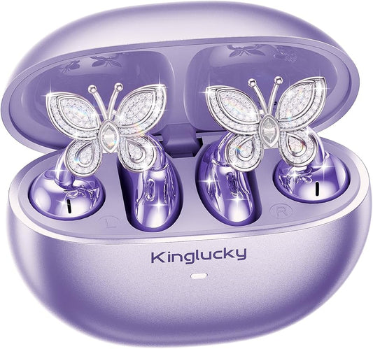 Kinglucky ClipFree Open-Ear Headphones, Butterfly-Inspired Ear-Cuff Design, Stylish & Comfortable Clip-On Ear Buds, Wireless Earbuds for Women, Long Battery Life, Great for Gifting - Purple