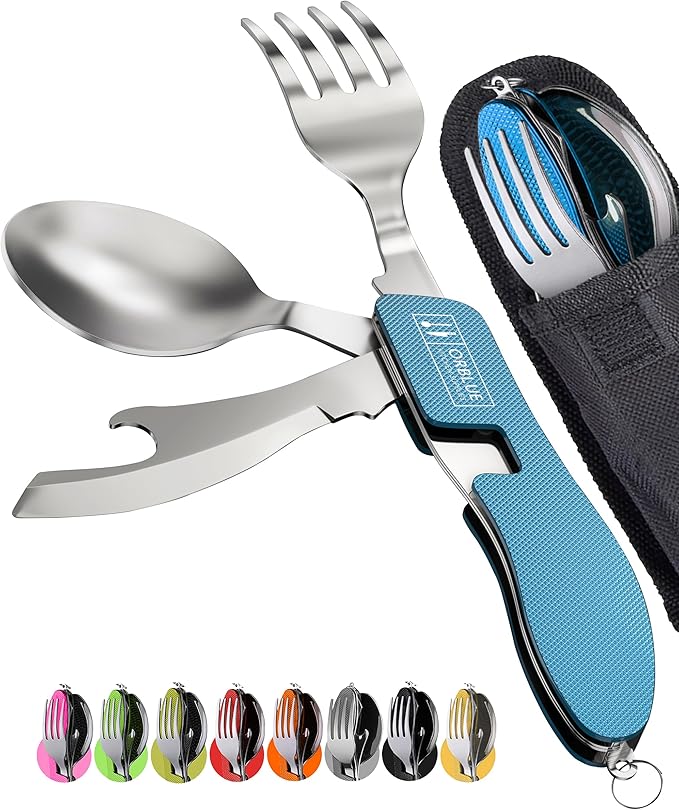 Orblue 4-in-1 Camping Eating Utensils, 2-Pack - Portable Spoon, Fork, Knife & Bottle Opener Combo Set - Stainless Steel Flatware with Detachable Fork - Travel, Backpacking Cutlery Multitool, Blue