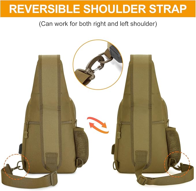 HUNTVP Tactical Sling Bag Crossbody Bag for Men Women EDC Shoulder Bags Molle Sling Backpack Chest Pack for Hiking Hunting Travelling Camping (Type3-Brown)