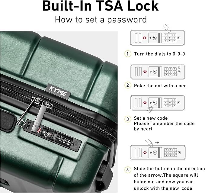 KYME Luggage Sets 3 Piece Hard Shell 22in/26in/30in Suitcases with Wheels Hardside Suitcase Set with TSA Lock Travel Rolling Luggage Set for Women Men Green