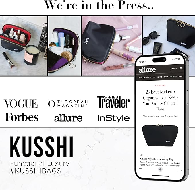 KUSSHI Washable Travel Makeup & Cosmetic Bag - Brush Organizer Sold Separately (Vacationer, Satin Black/Red)