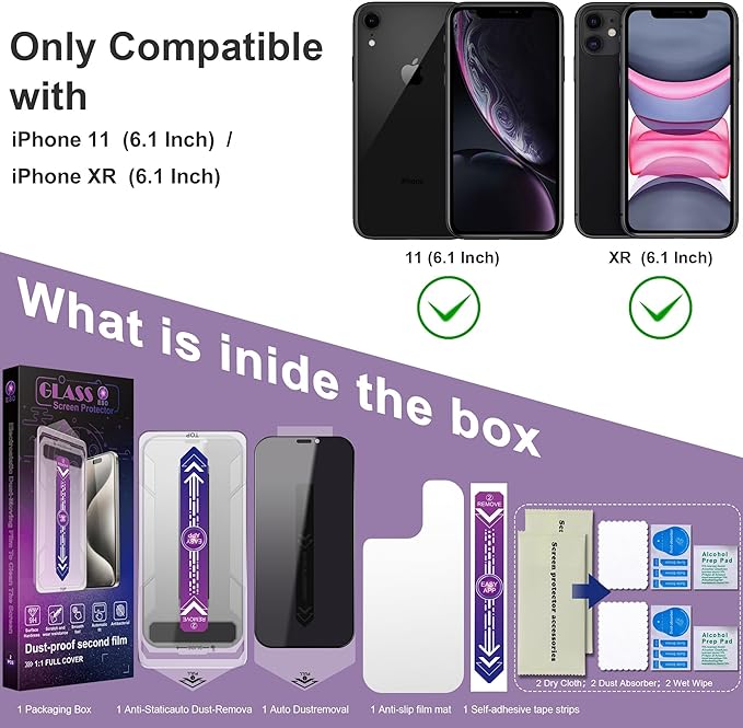 2 Pack Privacy Screen Protector for iPhone 11 / iPhone XR, 9H Tempered Glass, Full Coverage, Anti-Fingerprint, Auto Dust-Elimination, No Bubble,Easy Installation